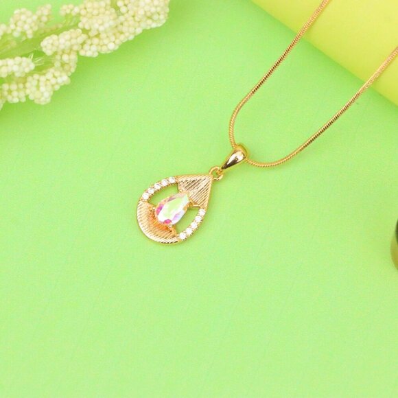 "Teardrop Pendant with White Rainbow Stone and Gold Frame Design, XPPT1686 - Picture 12 of 13